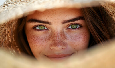 Portrait of beautiful woman hiding behind a straw hat at beach