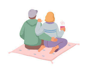 Dating man and woman on picnic outdoors. Vector flat cartoon character, isolated couple back, boyfriend and girlfriend on date drinking hot coffee or beverage. Boy hugging girl on waist