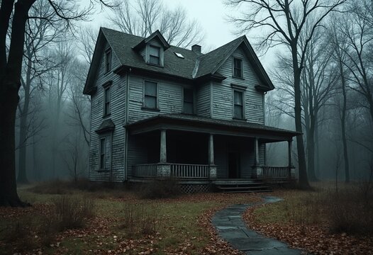 Haunted house, old worn-down abandoned home, creepy and spooky