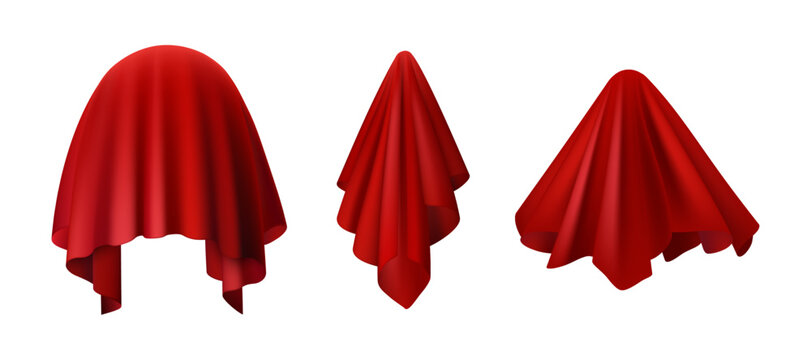 Velvet satin cover, curtain reveal realistic 3D design. Vector presentation drapery cover, red textile exhibition and ceremony luxury show curtain to hide secrets, cloth to unveil awards