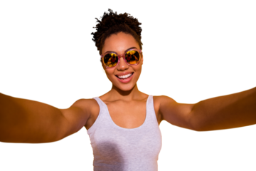 Close up photo beautiful nice pretty she her dark skin lady summer vacation weekend rest relax make take selfies blogger translation wear sun specs casual tank-top isolated bright yellow background