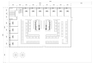 2D top view floor plan of a canteen or food court with detailed notations, providing an interior layout reference for similar building types and design considerations in planning and construction © DysOdyssey