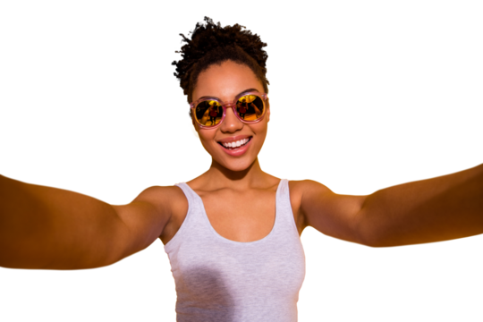Close up photo beautiful nice pretty she her dark skin lady summer vacation weekend rest relax make take selfies blogger translation wear sun specs casual tank-top isolated bright yellow background