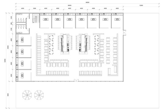 2D top view floor plan of a canteen or food court with detailed notations, providing an interior layout reference for similar building types and design considerations in planning and construction