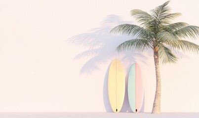 3D rendering of two surfboards and a palm tree on a white background.