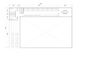 2D top view floor plan of a canteen or food court with detailed notations, providing an interior layout reference for similar building types and design considerations in planning and construction