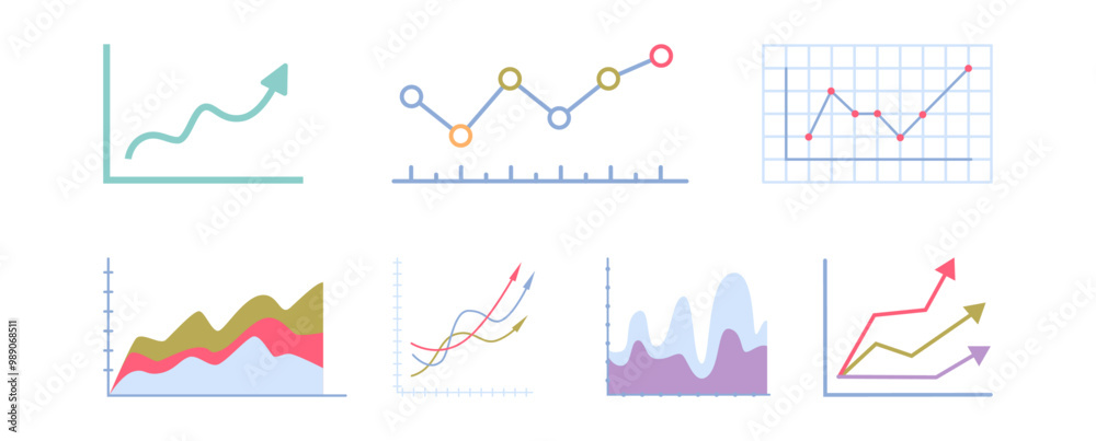 Poster Raising graphs, isolated set of modern charts with data visualization. Vector collected information for business project, analytics and presentation, user interface dashboards for company