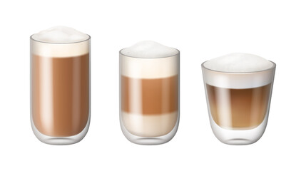 Cappuccino or latte macchiato coffee drink glass realistic isolated glass cups on white. Cold frozen or hot coffee, refreshing aromatic energy drink. Delicious iced beverage with foam and cream