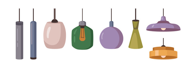 Illumination for house, isolated set of pendant lamps and chandeliers. Vector contemporary home decor and accessories for apartments and dwellings. Bohemian and loft industrial lightbulb style