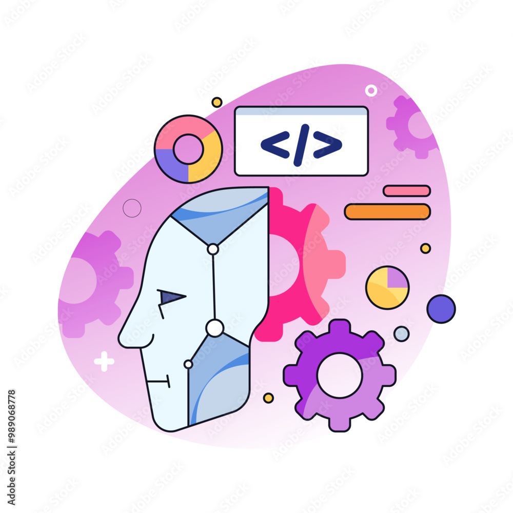 Poster AI process, isolated artificial intelligence services and technologies advancement. Vector development of autonomous thinking and solution of problems, business help and innovations methods