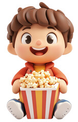 A cartoon boy is sitting in a red and yellow popcorn box. He is smiling and holding the box