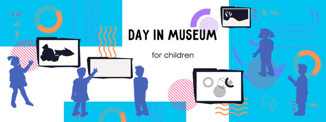 Banner background with kids visiting museum or art gallery. Kids learn about art and culture, flat vector illustration for museum and art gallery banners or posters, ticket design.