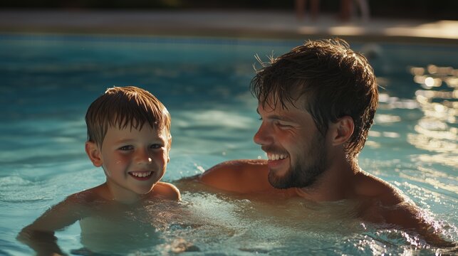 Vater und Sohn verbringen die Sommerferien gemeinsam im Schwimmbad