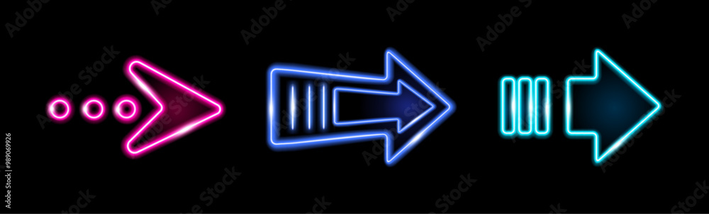 Poster neon right arrows, isolated pointer symbols. vector shining retro light signs. banner design, advert