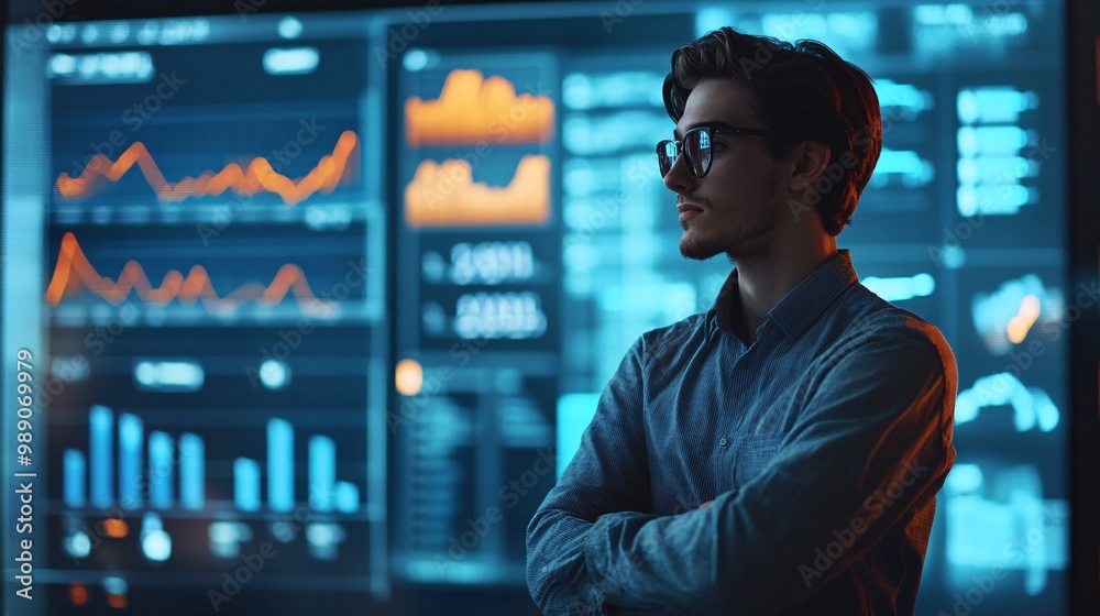 Poster businessman analyzing data graphs on a computer screen
