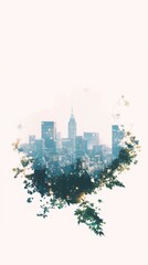 Obraz premium Urbane Oase: Die Skyline der Stadt verschmilzt mit der Natur für einen ruhigen Frühlingsdruck oder ein Poster