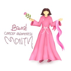 Breast cancer awareness month postcard with illustration of women holding pink ribbon in cartoon style. For social media post or poster on October.