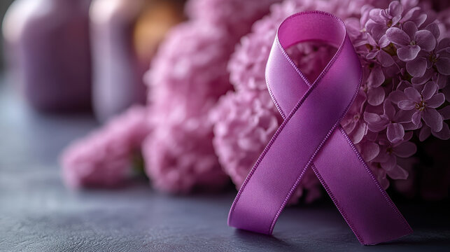 A pink ribbon is on a table with pink flowers. The ribbon and flowers together create a sense of hope