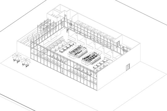 3D axonometric illustration of a canteen, food court, or food bazaar plan, showcasing the building's interior layout as a reference for similar building types and interior design applications