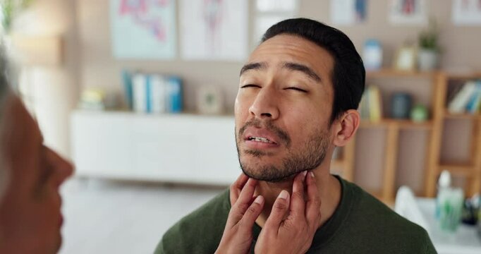 Healthcare, consulting and thyroid with man and doctor for ent specialist, medical or saliva gland checkup. Otolaryngology, medicine and exam with people in hospital for throat diagnosis and wellness