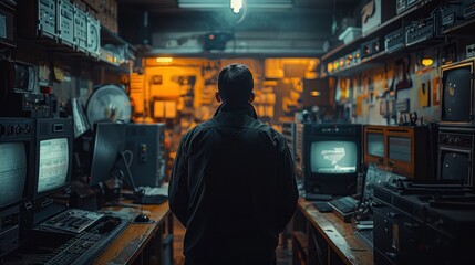 Fototapeta premium A somber image depicting the silhouette of an engineer, in a shadowy, tense atmosphere, representing the hidden crisis of a stressful situation, set against a muted background 