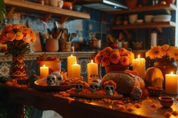 Colorful D&iacute;a de los Muertos Altar in Kitchen with Marigolds and Candles for Festive Atmosphere