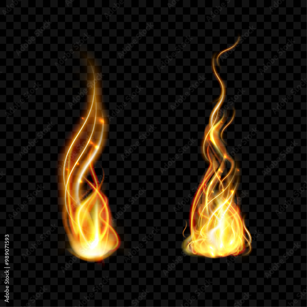 Poster bonfire with flames and sparks, isolated fire with burning force. vector set of fireballs for game, 