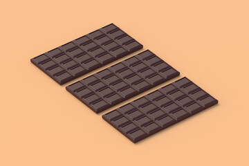 Row of chocolate bars on beige background. Sweet snack. Delicious food. Confectionery tile. 3d render