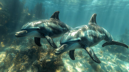 Fototapeta premium Photorealistic underwater scene of two dolphins swimming in clear ocean water