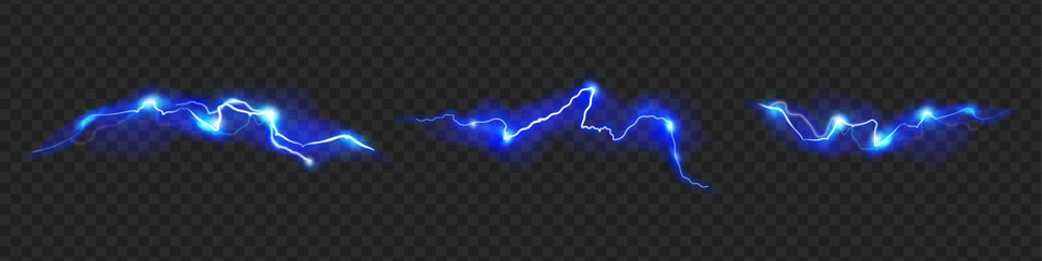 Powerful electrical discharge, isolated set of lines with sparkles and high voltage. Vector realistic magical energy flash, night storm bolts with powerful force. Game or weather design