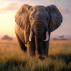 Fototapeta premium Majestic Elephant in African Landscape at Sunset