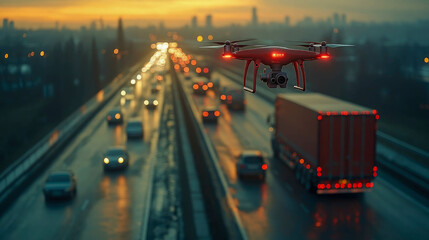 Cargo drone and hybrid truck on an industrial site, ready for transportation