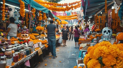 Naklejka premium Vibrant Día de los Muertos Market with Marigold Garlands and Sugar Skulls for Festive Celebrations