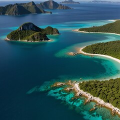 Flying over a pristine bay with turquoise waters, surrounded by towering limestone cliffs covered in greenery, and small islands scattered in the distance under a clear sky