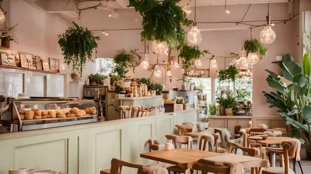  Modern Coffee shop Interior with Green Wall and Hanging Lights