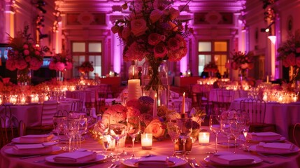 Elegant Breast Cancer Awareness Dinner with Pink Themed Decorations, Flowers, and Candlelight Ambiance