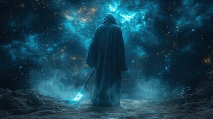 Mysterious Figure in Cosmic Landscape at Night