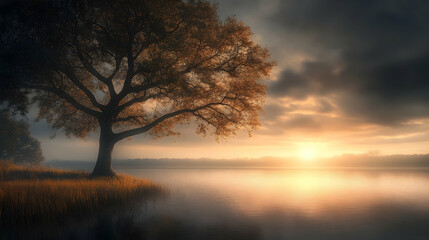 Fototapeta premium Sunrise Over Water with a Single Tree and Fog