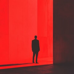 Obraz premium A lone figure stands in a striking red space, creating an atmosphere of mystery and intrigue. Perfect for artistic concepts.