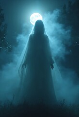 A ghostly apparition of a woman shrouded in a cloudy ectoplasmic mist hovering in the moonlight