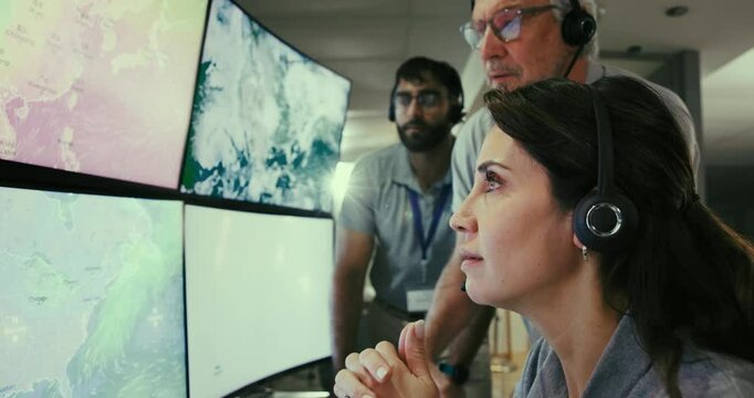 Computer screen, weather map and news presenter for report, media or forecast in discussion for meteorology. Male people, research and professional for update, ecology and analysis for climate change