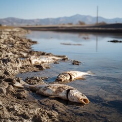 Dying Fish on Dry Riverbed in Arid Landscape