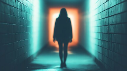 Fototapeta premium A mysterious figure standing in a dimly lit corridor, bathed in ethereal light, evoking a sense of intrigue and suspense.