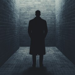 Obraz premium A mysterious figure stands in a dark corridor, evoking intrigue and suspense in a shadowy urban environment.