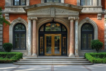 Ornate Entrance to a Brick Building with Gold Trimmed Doors