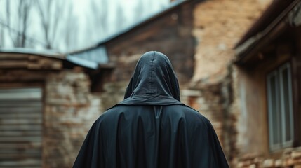 Mysteri&ouml;se schwarze Figur mit Kapuze in einer dunklen l&auml;ndlichen Umgebung f&uuml;r Halloween-Dekor und Poster