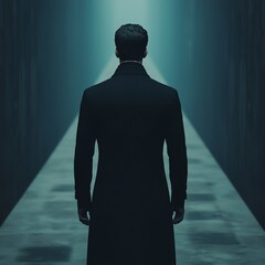 Fototapeta premium A mysterious silhouette of a man in a dark coat, standing alone in a dimly lit corridor, evoking intrigue and suspense.