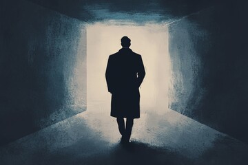 Obraz premium A mysterious figure walks towards a bright exit, symbolizing hope and the journey from darkness into light.