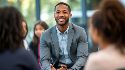 A business mentor teaching ethical leadership principles to a group of young professionals