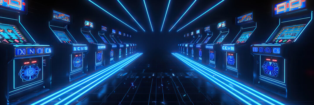 Retro Arcade Scene: Blue Neon Lines on Black Background